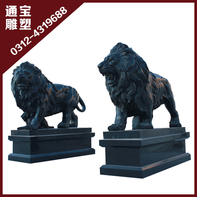 精品石雕一对 中国黑晚霞红洞石墨玉狮子公园广场陵园等场所摆件