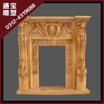 欧式石雕风水摆件壁炉 河南黄大理石壁炉架 简约大气石材工艺品
